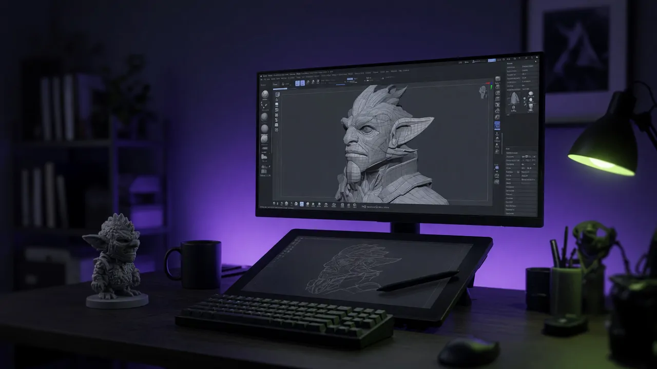 Mesa de trabalho à noite com monitor mostrando uma escultura digital, mesa digitalizadora e luz violeta