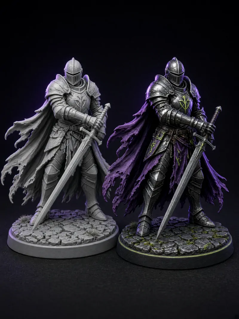 Duas miniaturas de cavaleiro de armadura com espada, uma cinza e uma pintada
