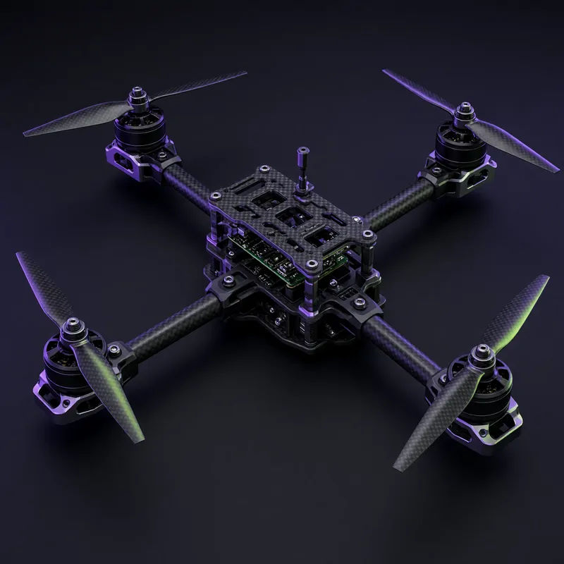 Drone quadricóptero com braços de fibra de carbono e motores visto de cima