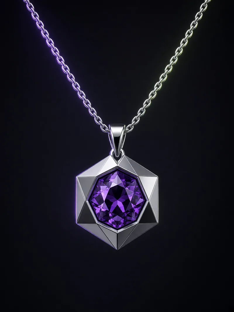 Pingente hexagonal facetado de prata com ametista, em corrente fina