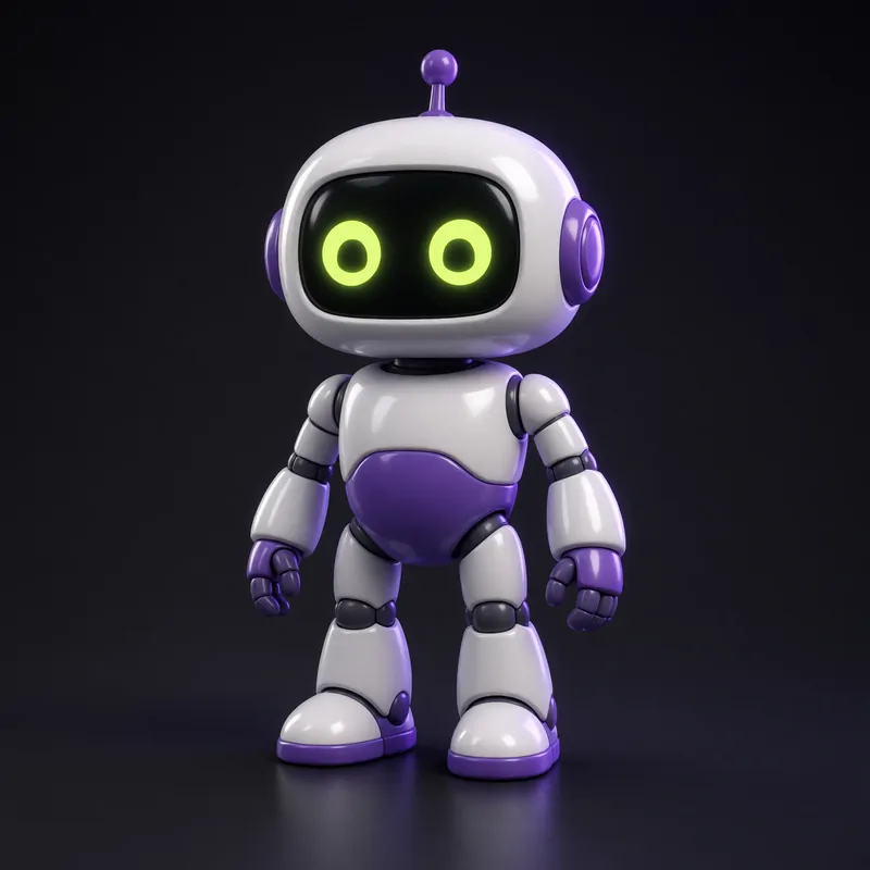 Robô mascote branco e violeta com olhos verdes luminosos