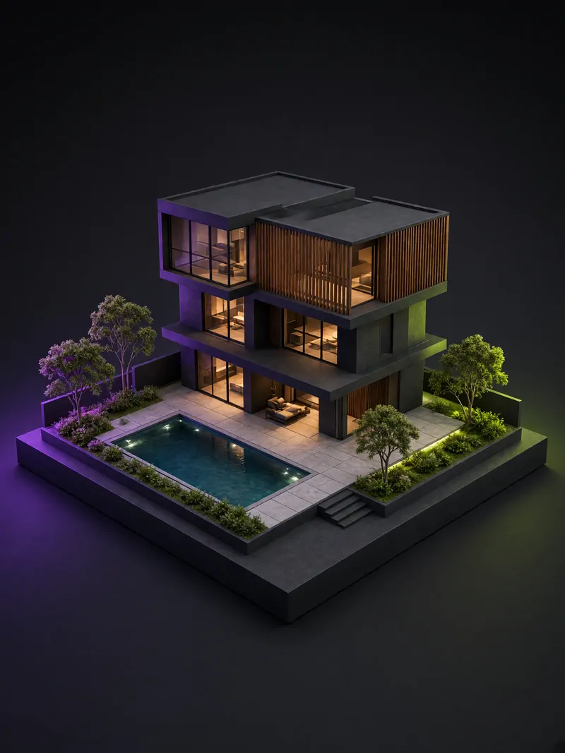 Maquete de casa moderna de três andares com piscina e árvores
