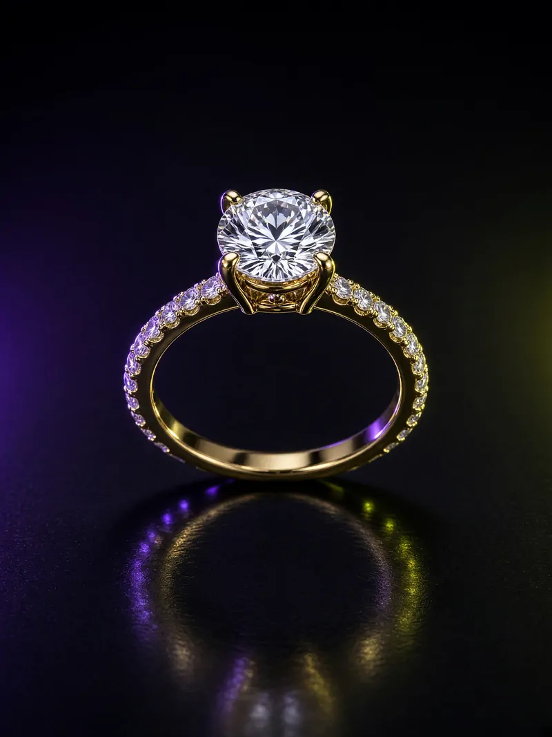 Anel solitário de ouro com diamante e aro cravejado
