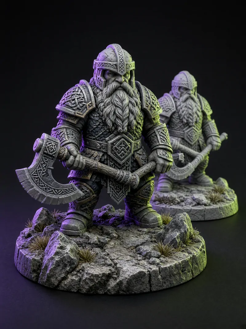 Miniatura de anão guerreiro com machado sobre base de rocha