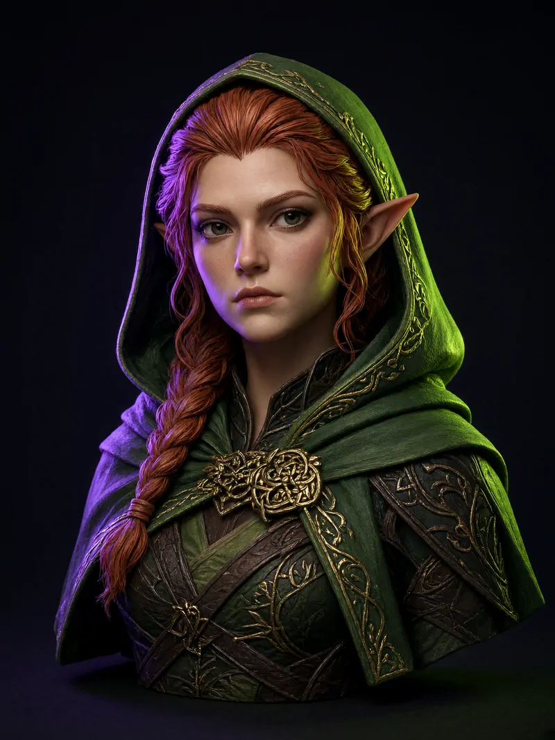 Busto de personagem élfica de capuz verde e trança ruiva, em render colorido